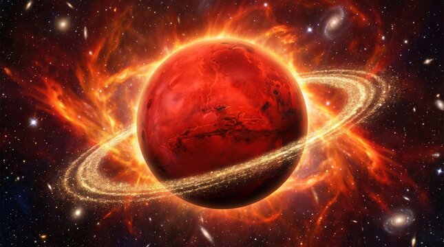 Vast red planet glows with swirling rings