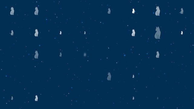Template animation of evenly spaced cat symbols of different sizes and opacity. Animation of transparency and size. Seamless looped 4k animation on dark blue background with stars