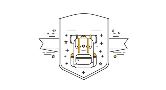 Outdoor adventure logo design featuring a backpack inside a shield emblem decorated with stars and ribbons on white.