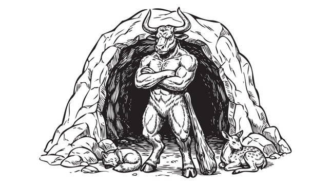 Minotaur vector illustration inside rocky cave. Mycenaean Greek mythological bull man labyrinth symbol. Ancient legend monster character isolated black and white line drawing