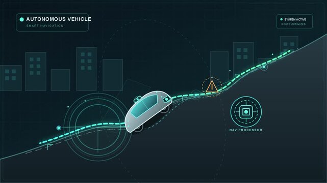 Autonomous vehicle smart navigation HUD interface, self-driving car driving on digital road, futuristic transport technology concept
