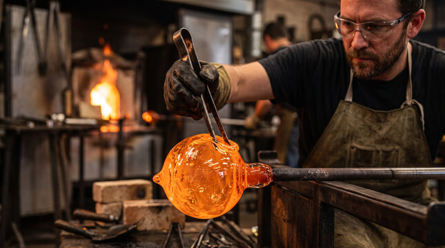 Professional glassblower shaping a glowing molten glass sphere in a dark workshop