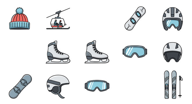 Collection of colorful winter sports equipment icons including skis, snowboards, helmets, and goggles for outdoor activity themes.