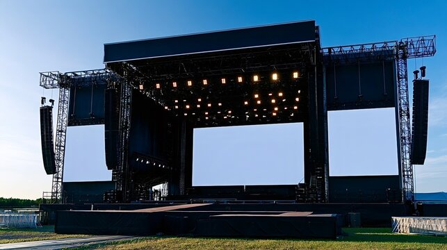 Outdoor concert stage with empty screens before event