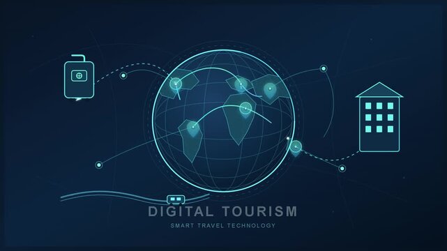 Digital tourism concept with smart travel technology, global network connection on virtual earth globe, futuristic online booking interface