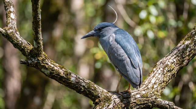 Black-crowned night heron bird perched on a mossy tree branch in a forest