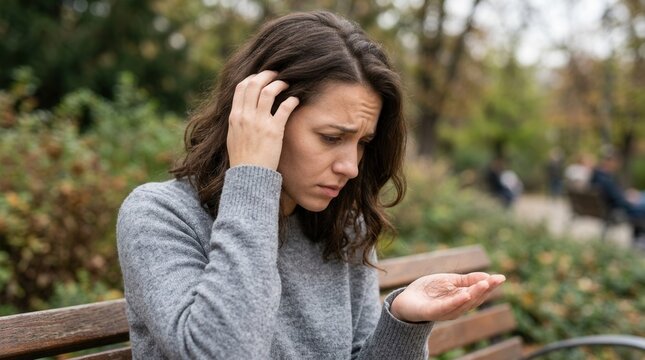 Woman Concerned About Hair Loss While Sitting In A Park