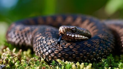 Obraz premium Viper snake flicking tongue, wildlife in natural habitat