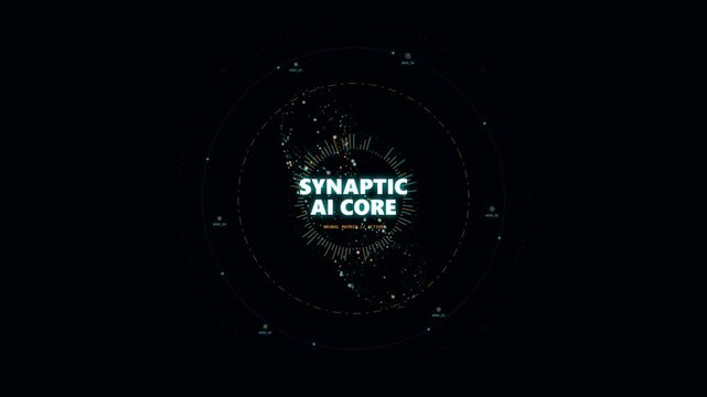 Futuristic digital interface with synaptic ai core text, neural network visualization, and data nodes on a dark background