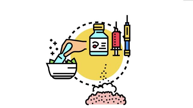 Medical staff preparing medication for health treatment, utilizing various tools like syringes, bottles, grinding herbs, and mixing ingredients, symbolizing pharmacy and healthcare services