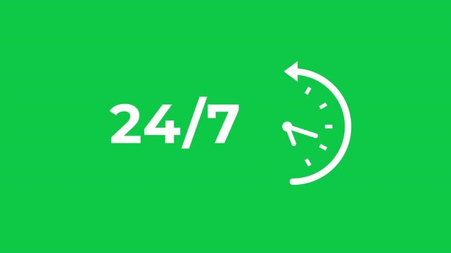 Rotating Clock Hands Twenty Four Seven Time Concept Animation Graphic on Green Screen