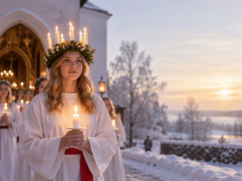 Saint lucia day procession with a young woman in white robes wearing a candle crown and holding a glowing taper outside a church in snowy scandinavia during soft winter sunrise at peaceful dawn