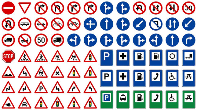 Large collection of international road and traffic safety signs