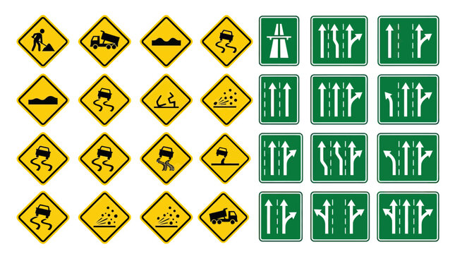 Collection of various yellow warning and green directional traffic road signs