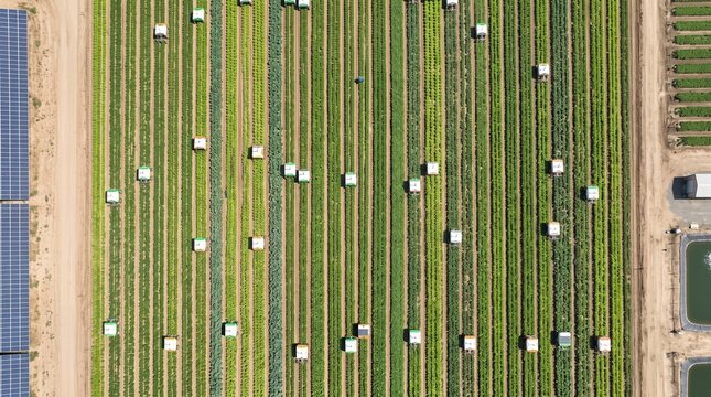aerial top down view of autonomous farm robots working in straight crop rows beside solar panels and irrigation ponds