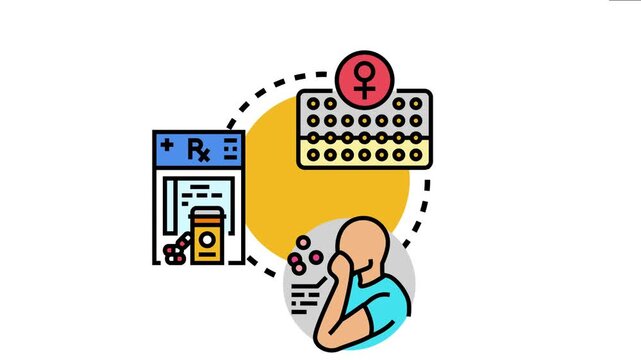 Woman managing reproductive health and prescription medication process, obtaining pharmaceutical products from a counter, symbolizing healthcare and daily therapy challenges