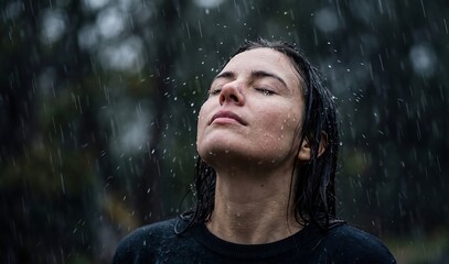 Fototapeta premium Woman Enjoying Heavy Rainfall in Nature