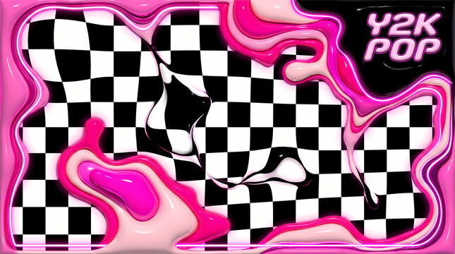 Y2K Pop Style Background with Black and White Checkerboard Grid and Liquid Pink Fluid Frames