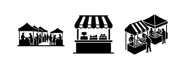 Obraz premium Farmers Market and Stall Silhouette Icons - Outdoor Food Market and Retail Booth Vector Graphics Set