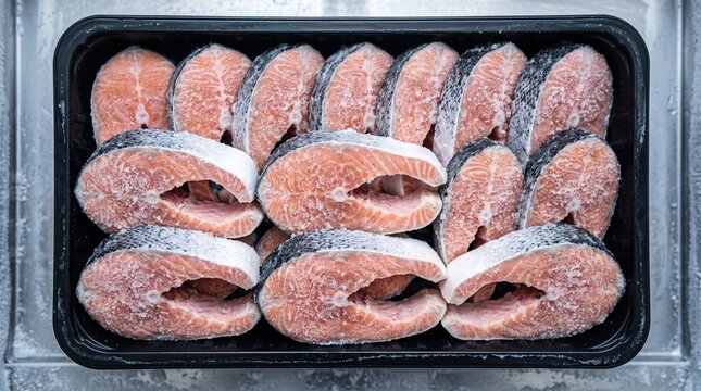 Frozen salmon steaks in black plastic tray. Raw salmon fish cutlets with ice crystals arranged in food container. Overhead view of packaged cold seafood for retail sale or meal preparation.