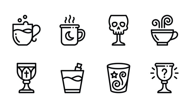 Enchanting Elixirs Collection: A compilation of stylized iconographic representations of various beverages and vessels, including steaming mugs, a skull-shaped goblet, a ceremonial chalice.