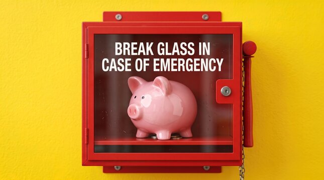 Emergency piggy bank savings concept. Pink piggy bank inside red break glass fire alarm box on yellow background. Conceptual 3D render representing financial crisis and emergency fund.