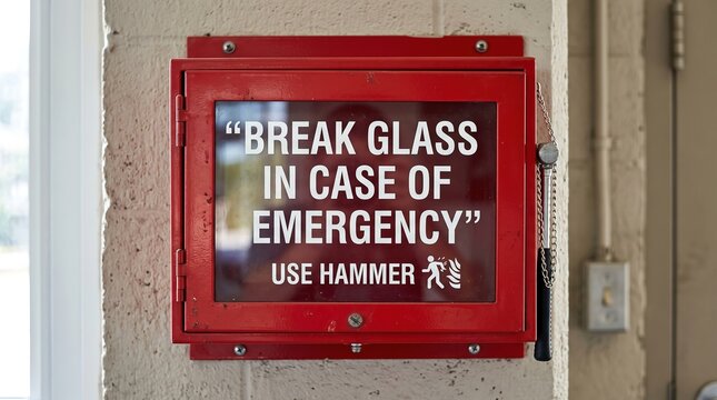 Red emergency break glass box on a concrete wall. Features white text instructions with a small hammer attached to the side. Industrial safety equipment for fire prevention and rescue.