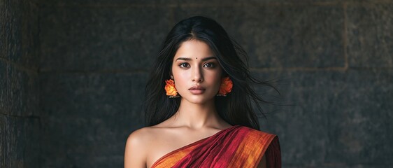 Fototapeta premium Portrait of a woman with long black hair in a red and orange sari with flower earrings against a dark stone wall Expression of cultural beauty