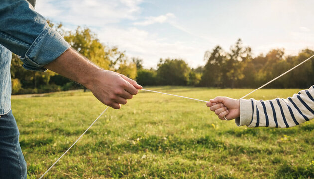 Two people holding a rope tightly in a sunny green meadow with tight grip green field outdoor activity people interacting grass background summer day shared activity human hands