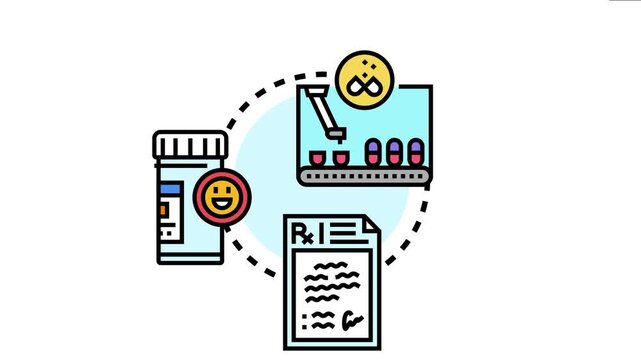 Pharmaceutical processing concept depicting medication reconstitution, with a prescription document guiding the preparation of medicine through a filling machine into a bottle with a happy face