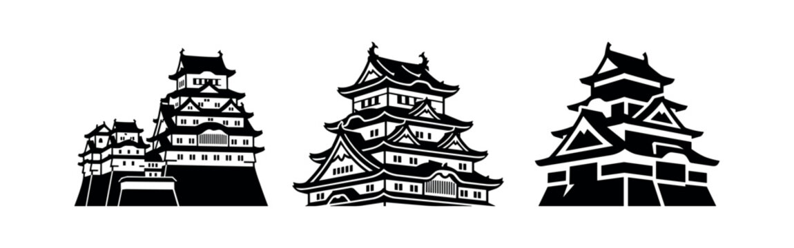 Japanese Castle Icons Set - Traditional Asian Architecture Silhouettes