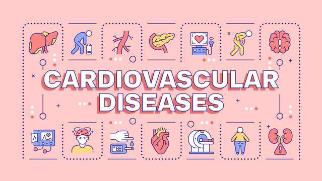 Cardiovascular diseases concept banner. Chronic vascular risk factors. Severe internal organ damage complications. Linear colored icons typography layout on light pink background. Vector illustration