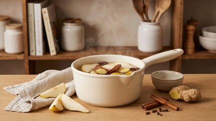 Fototapeta premium Steaming pot of mulled pear cider with ginger, cinnamon, and star anise. Warm and cozy beverage for autumn and winter, perfect for holiday entertaining and seasonal comfort.