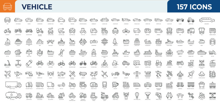 Set of 157 outline icons related to Vehicle. Mega collection icons. Vector illustration