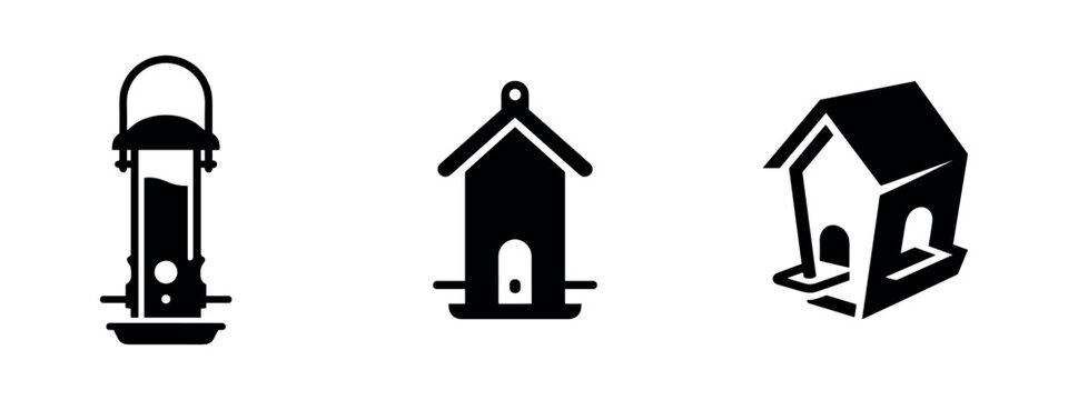 Bird feeder and birdhouse icon set, showcasing both feeding and shelter options for birds on white background.