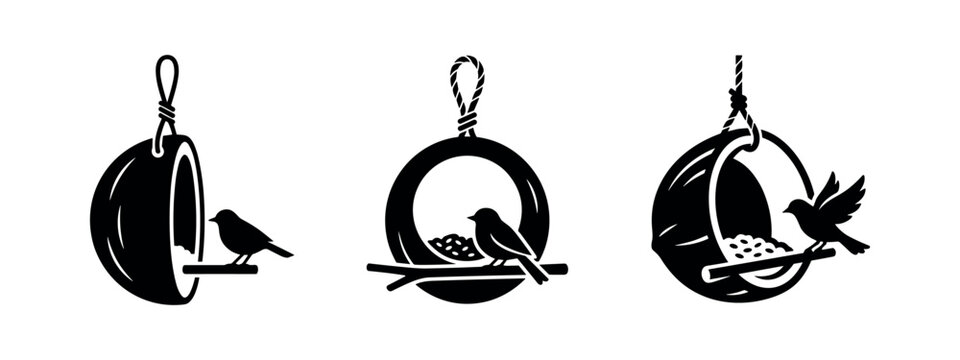 Creative bird feeder icons, featuring unique half-sphere designs with birds perched, for garden enthusiasts.