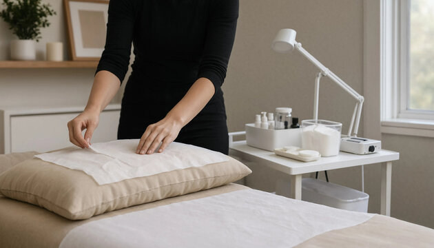Therapist preparing a massage table with fresh linens and white towels spa salon treatment room wellness center facial treatment beauty salon equipment massage bed skin care