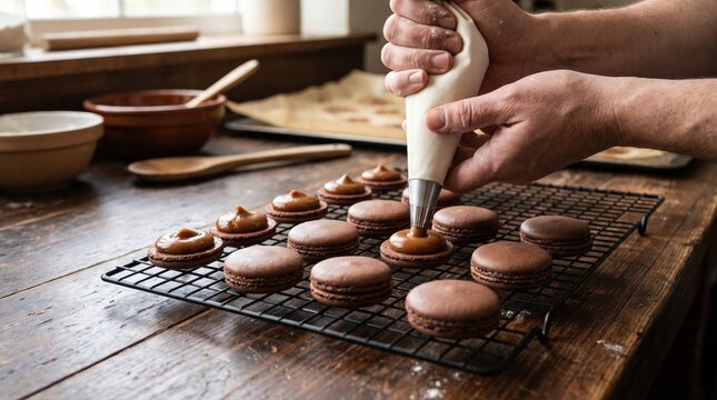 Hands piping caramel filling onto chocolate macarons on a cooling rack. Homemade gourmet dessert preparation for baking, confectionery, and sweet treat concepts.