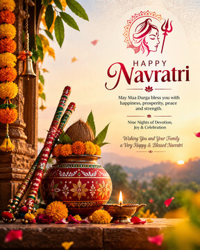 Happy Navratri Greeting Card with Maa Durga, Dandiya Sticks, Kalash, Diya and Marigold Decorations
