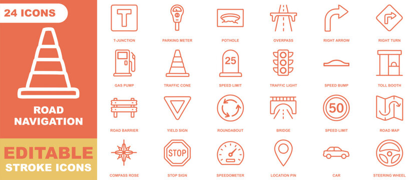 Road navigation icon sheet featuring 24 editable stroke symbols including traffic signs, maps, and cars in orange