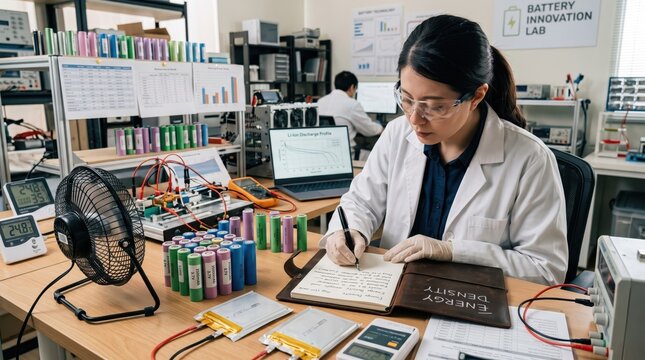 Asian female engineer in a lab coat records experimental data on lithium-ion battery cells, testing energy density and electrical performance in a modern battery technology research lab.