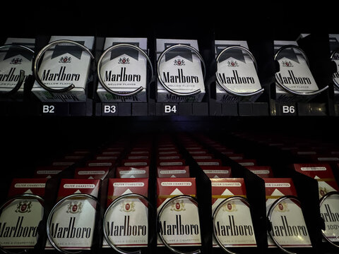 Summerlin, Nevada - September 7, 2026: Marlboro cigarette packs for sale in a vending machine at a casino in Las Vegas