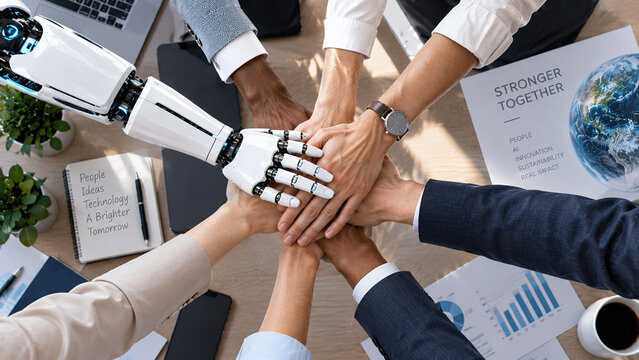 AI and human collaboration with robot arm stacking hands with diverse business team for unity and innovation