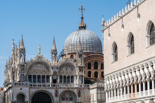 St. Mark's Basilica on the left and the Doge's Palace on the right in Venice, Italy