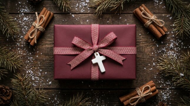 Top-down view of a maroon Christmas gift box with a white cross charm, surrounded by pine branches, cinnamon sticks, and scattered snow on a rustic wooden background, concept of religious Christmas ce