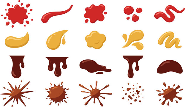 Sauce Splatter and Drip Vector Icon Set Featuring Ketchup Mustard Chocolate Syrup Puddle Elements and Liquid Condiment Drops for Food Graphic Menu Designs