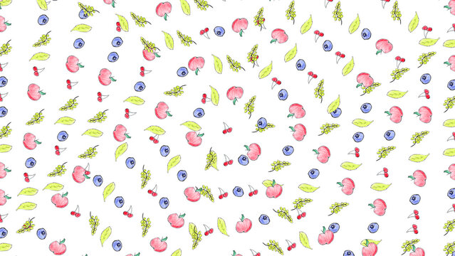 Geometric background with small mixed fruits and leaves arranged in hexagonal grid pattern