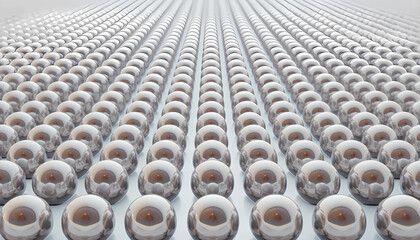 Obraz premium Rows of polished silver metallic spheres arranged in a symmetrical grid pattern with silver balls chrome spheres metal texture abstract background spherical patt