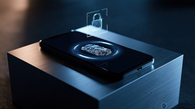 Smartphone with glowing fingerprint lock interface on metallic cube pedestal