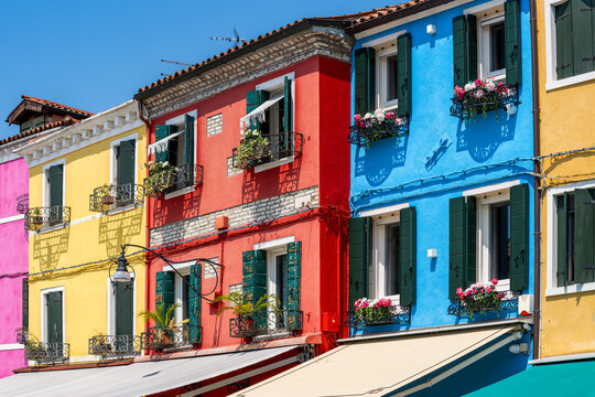 The brightly painted rainbow houses on the island of Burano in the Venetian Lagoon